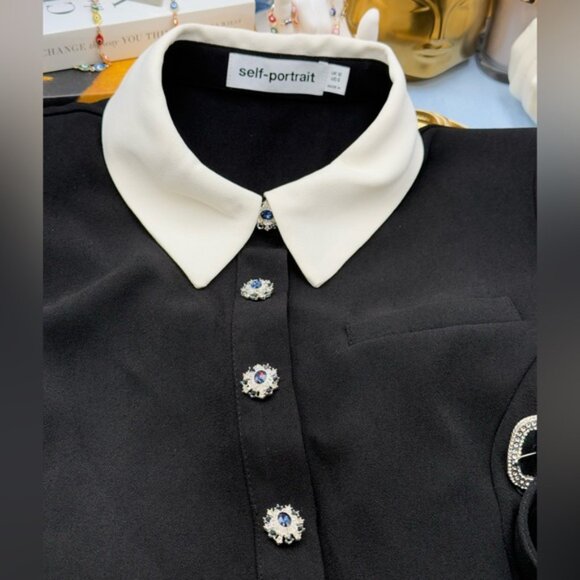 🆕 SELF-PORTRAIT 🧿 Black Belted White Crepe Contrast Midi Dress, Sz UK 10 US 6 - Picture 11 of 16